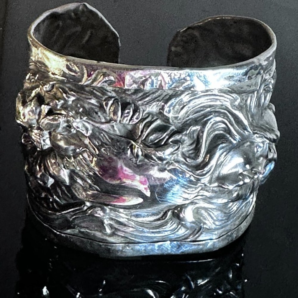 Art Nouveau Sterling Silver 925 Cuff Bracelet Lady Face Floral Alphonse Mucha - Picture 6 of 9